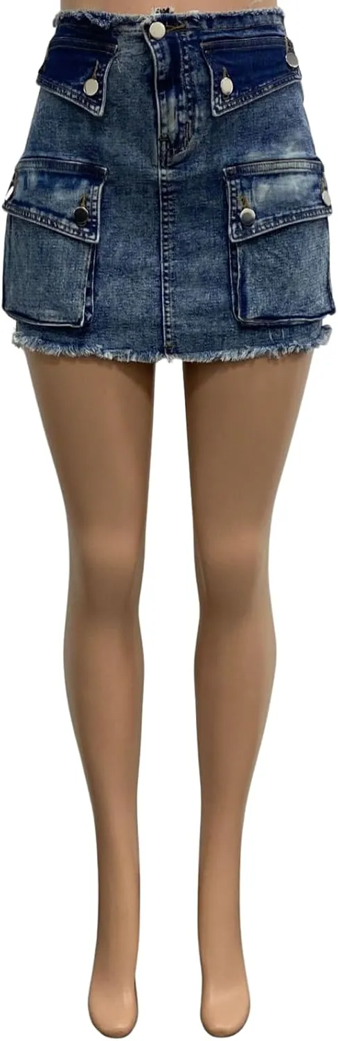 Jean Skirts for Women Denim Cargo Skirt High Waisted Stretchy Y2K Frayed Raw Hem Sexy Skirt with Pockets