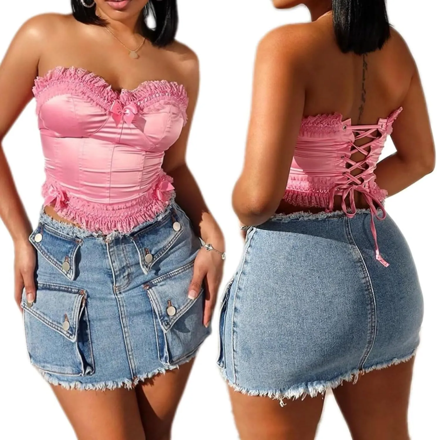 Jean Skirts for Women Denim Cargo Skirt High Waisted Stretchy Y2K Frayed Raw Hem Sexy Skirt with Pockets