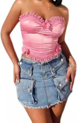 Jean Skirts for Women Denim Cargo Skirt High Waisted Stretchy Y2K Frayed Raw Hem Sexy Skirt with Pockets