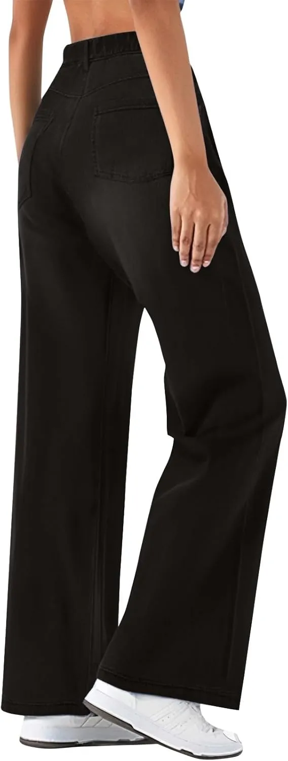 Jeans for Women Trendy Plus Size Casual High Waisted Lounge Baggy Wide Leg Denim Pants with Pockets