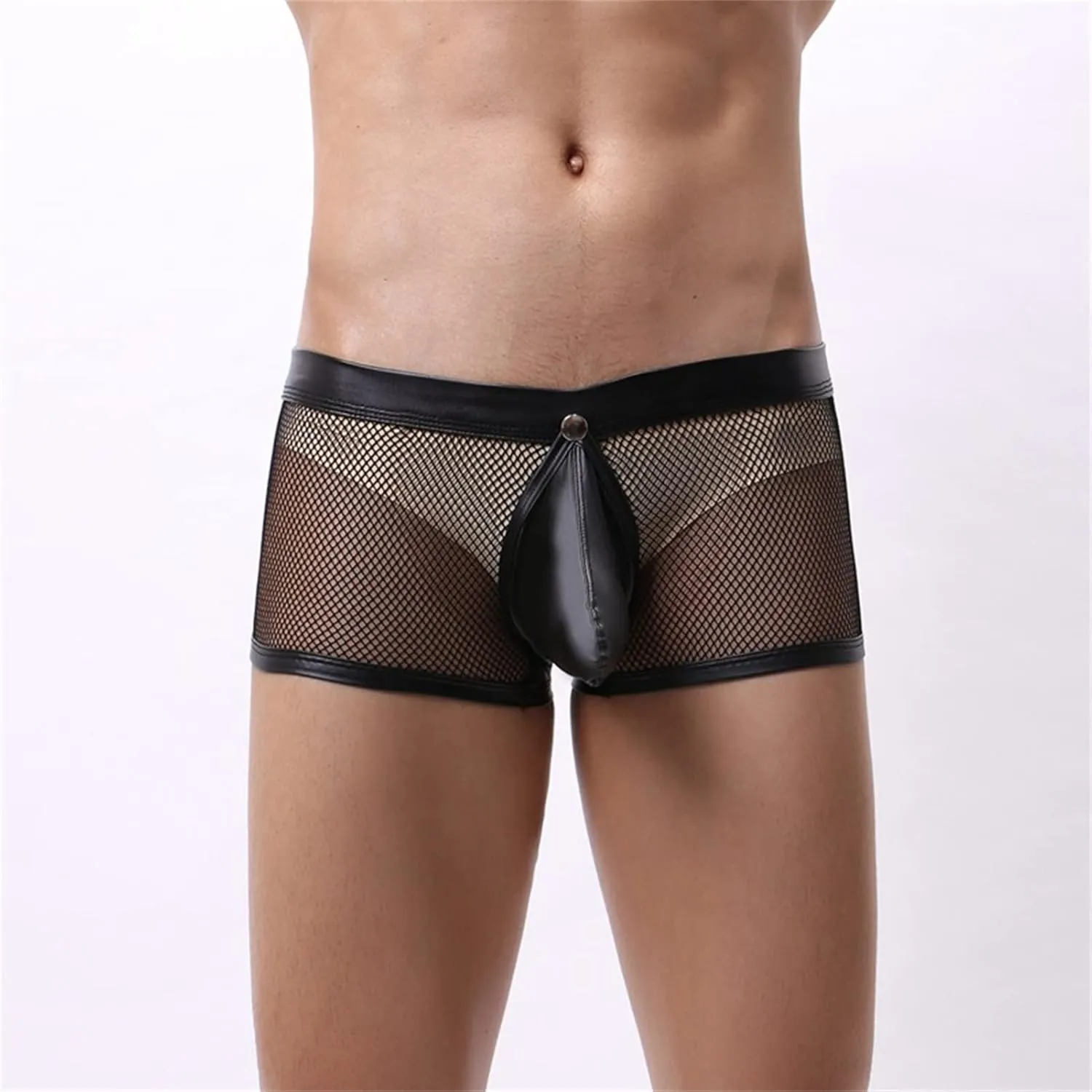 JEsilunmaMY Hollow Boxer Briefs for Men Open Crotch Leather Underwear with Removable Pouch See Through Mesh Shorts Clubwear