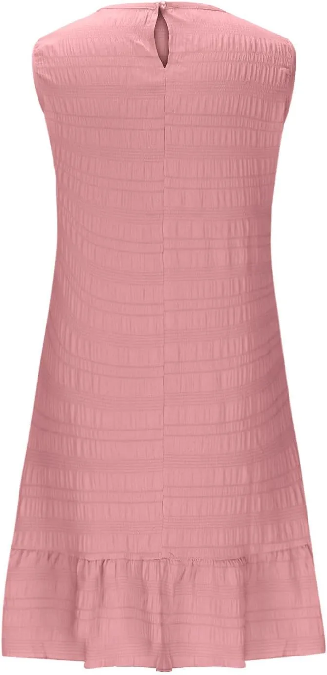 JOAU Summer Dresses for Women 2025 Casual Sleeveless Round Neck Tank Mini Short Dress A-Line Pleated Ruffle Ruched Sundress