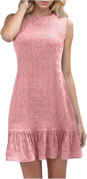 JOAU Summer Dresses for Women 2025 Casual Sleeveless Round Neck Tank Mini Short Dress A-Line Pleated Ruffle Ruched Sundress
