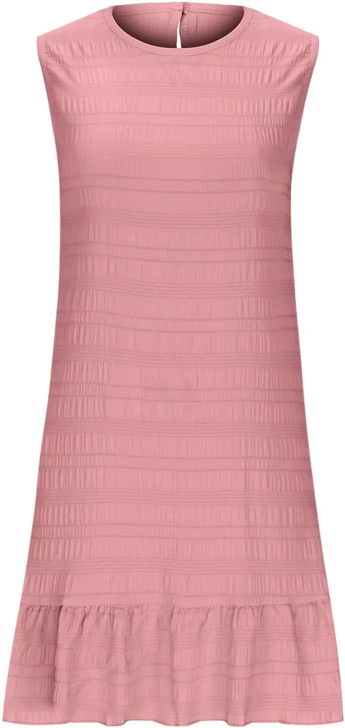 JOAU Summer Dresses for Women 2025 Casual Sleeveless Round Neck Tank Mini Short Dress A-Line Pleated Ruffle Ruched Sundress