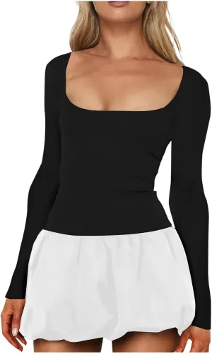JOAU Women's Bodycon Mini Dress Square Neck Long Sleeve Bubble Dresses Y2K Cute Babydoll Pleated Ruffle Going Out Dress