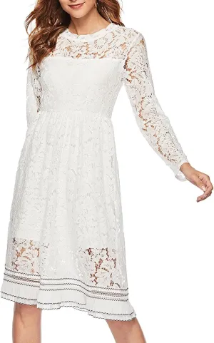 JOAU Women's Cocktail Dresses 2024 Wedding Guest Party Crew Neck A Line Midi Dress Long Sleeve Floral Lace Ruffle Dresses