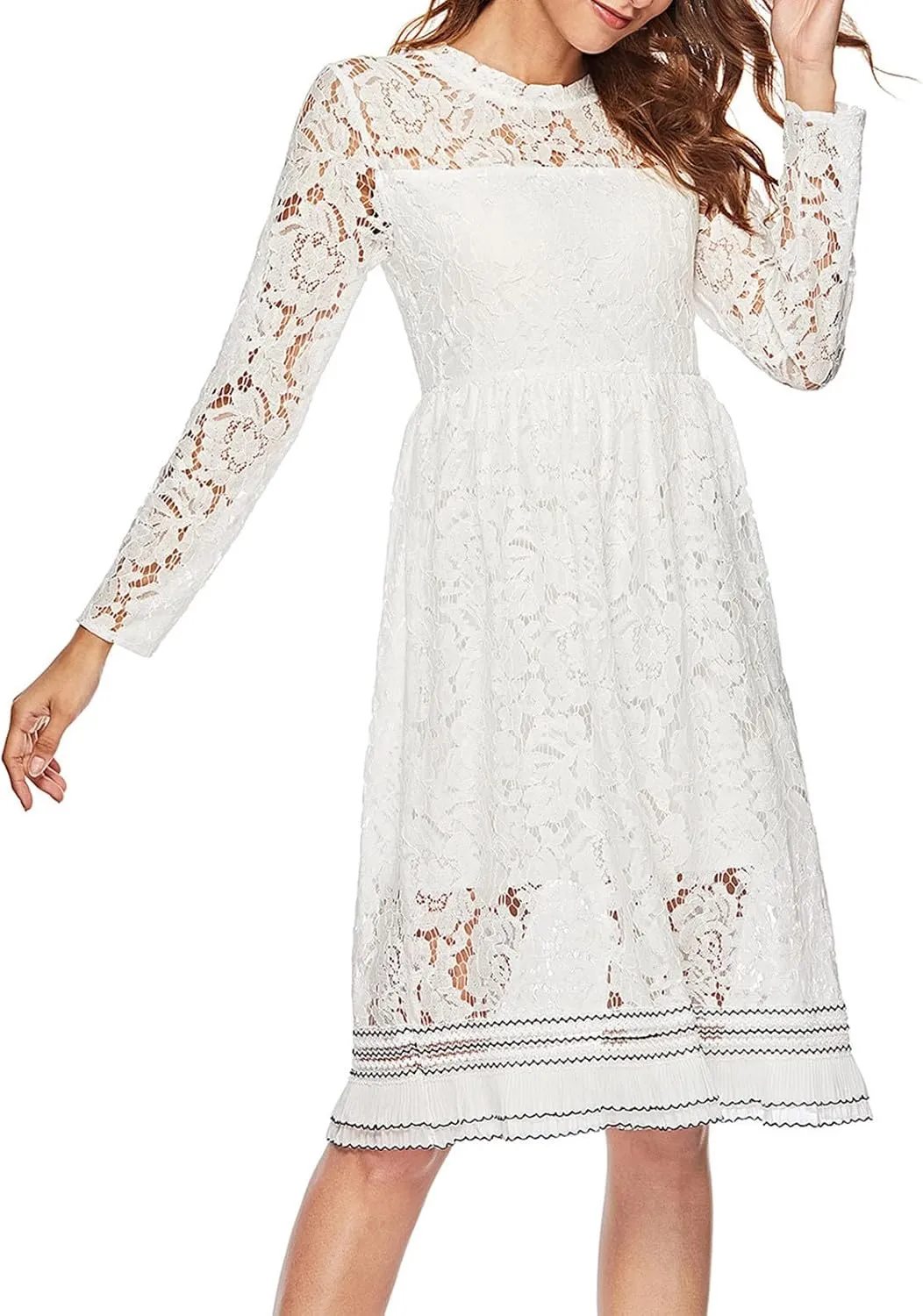 JOAU Women's Cocktail Dresses 2024 Wedding Guest Party Crew Neck A Line Midi Dress Long Sleeve Floral Lace Ruffle Dresses