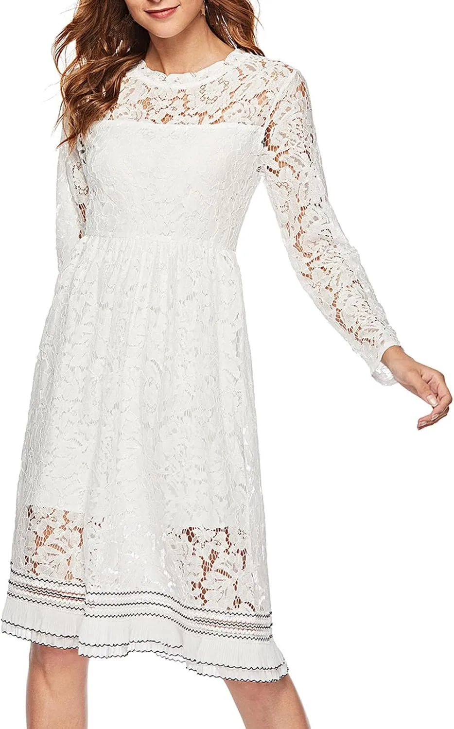 JOAU Women's Cocktail Dresses 2024 Wedding Guest Party Crew Neck A Line Midi Dress Long Sleeve Floral Lace Ruffle Dresses