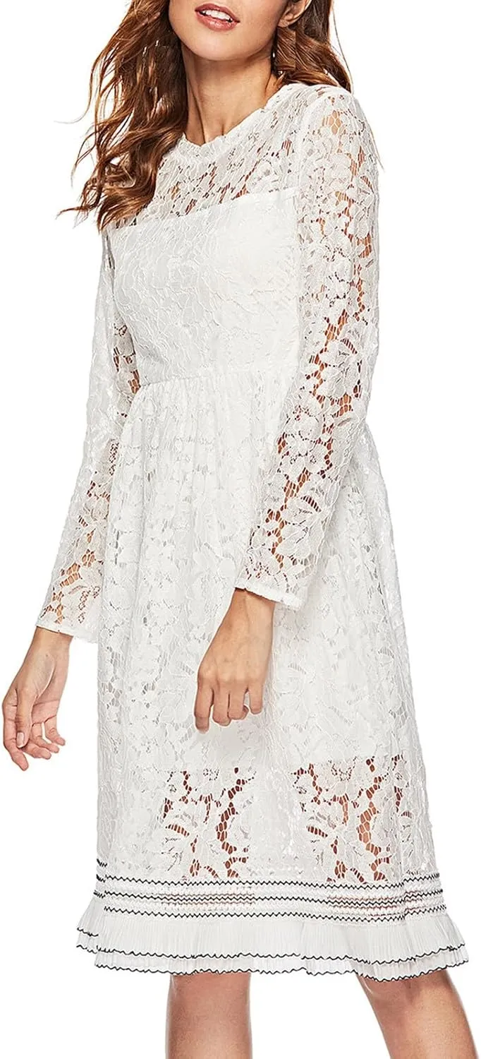 JOAU Women's Cocktail Dresses 2024 Wedding Guest Party Crew Neck A Line Midi Dress Long Sleeve Floral Lace Ruffle Dresses