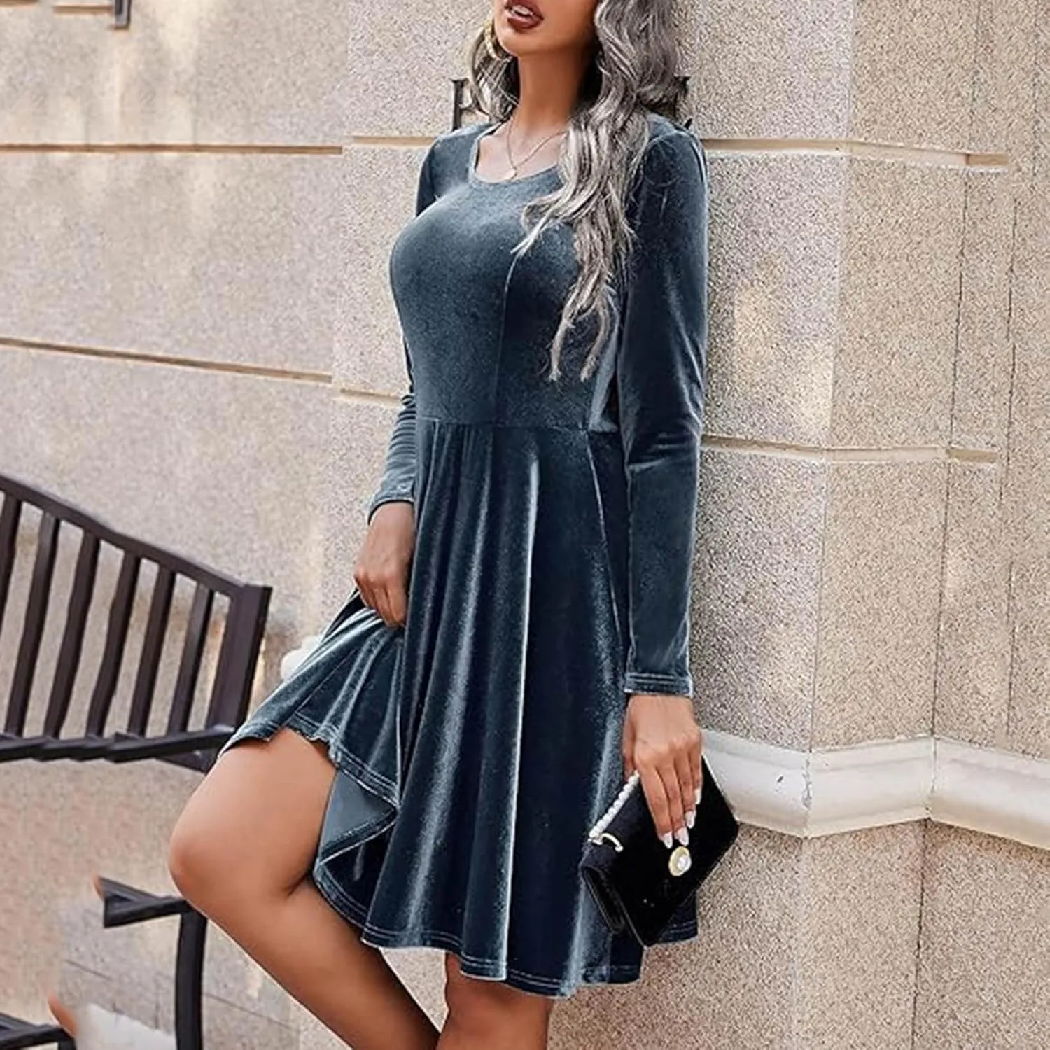JOAU Women's Fall Winter Velvet Mini Dress 2024 Long Sleeve Crew Neck High Waist Ruffle A Line Flowy Cocktail Party Dresses