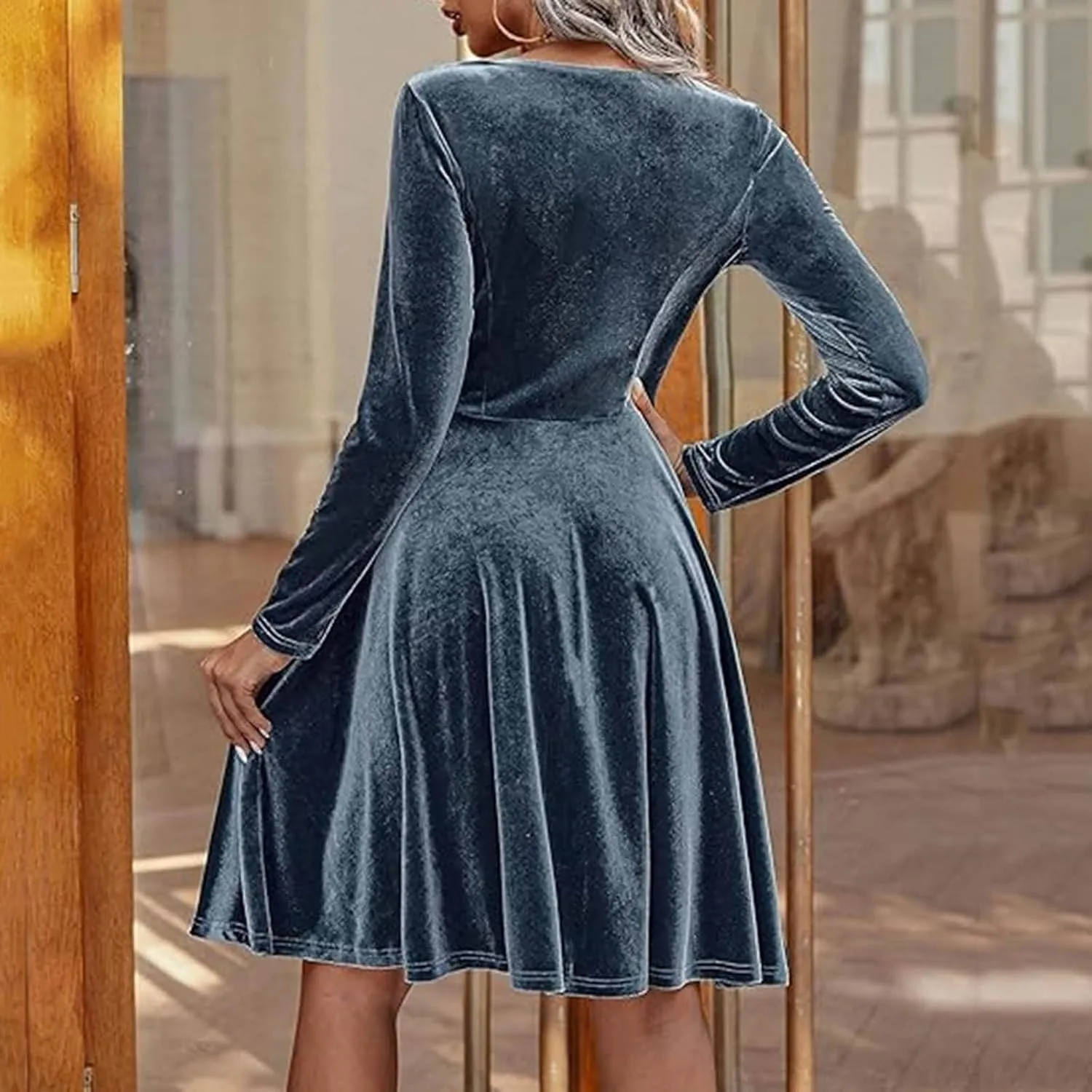 JOAU Women's Fall Winter Velvet Mini Dress 2024 Long Sleeve Crew Neck High Waist Ruffle A Line Flowy Cocktail Party Dresses