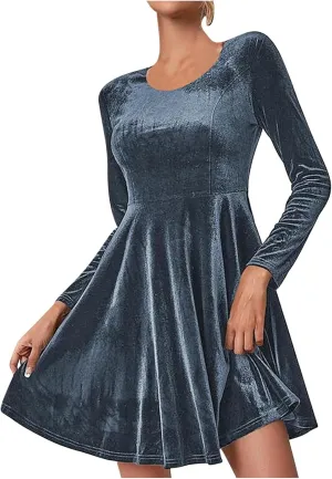 JOAU Women's Fall Winter Velvet Mini Dress 2024 Long Sleeve Crew Neck High Waist Ruffle A Line Flowy Cocktail Party Dresses