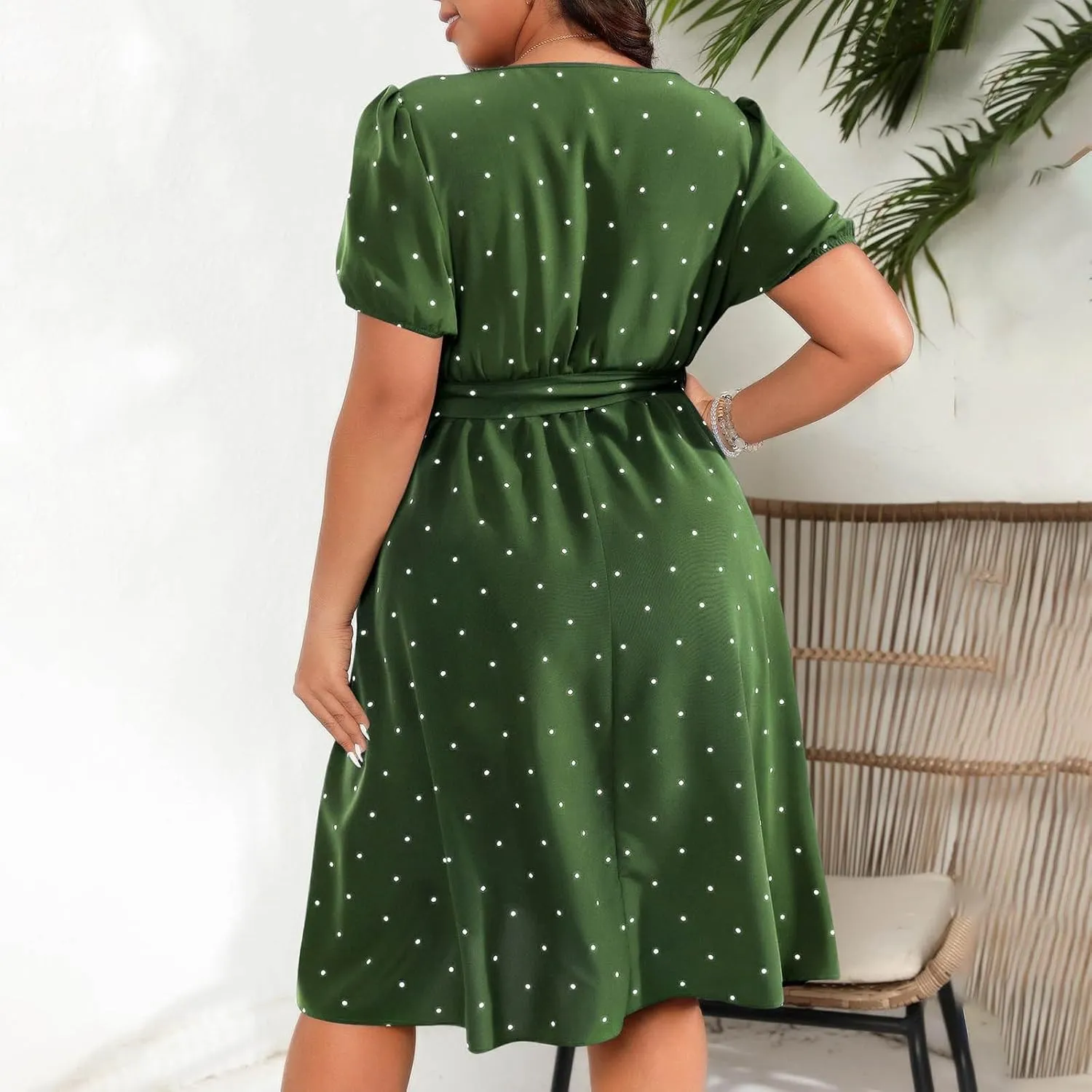 JOAU Womens Plus Size Square Neck Puff Short Sleeve High Waist Polka Dots Belted Midi Dress Cute Swing A-Line Babydoll Dress