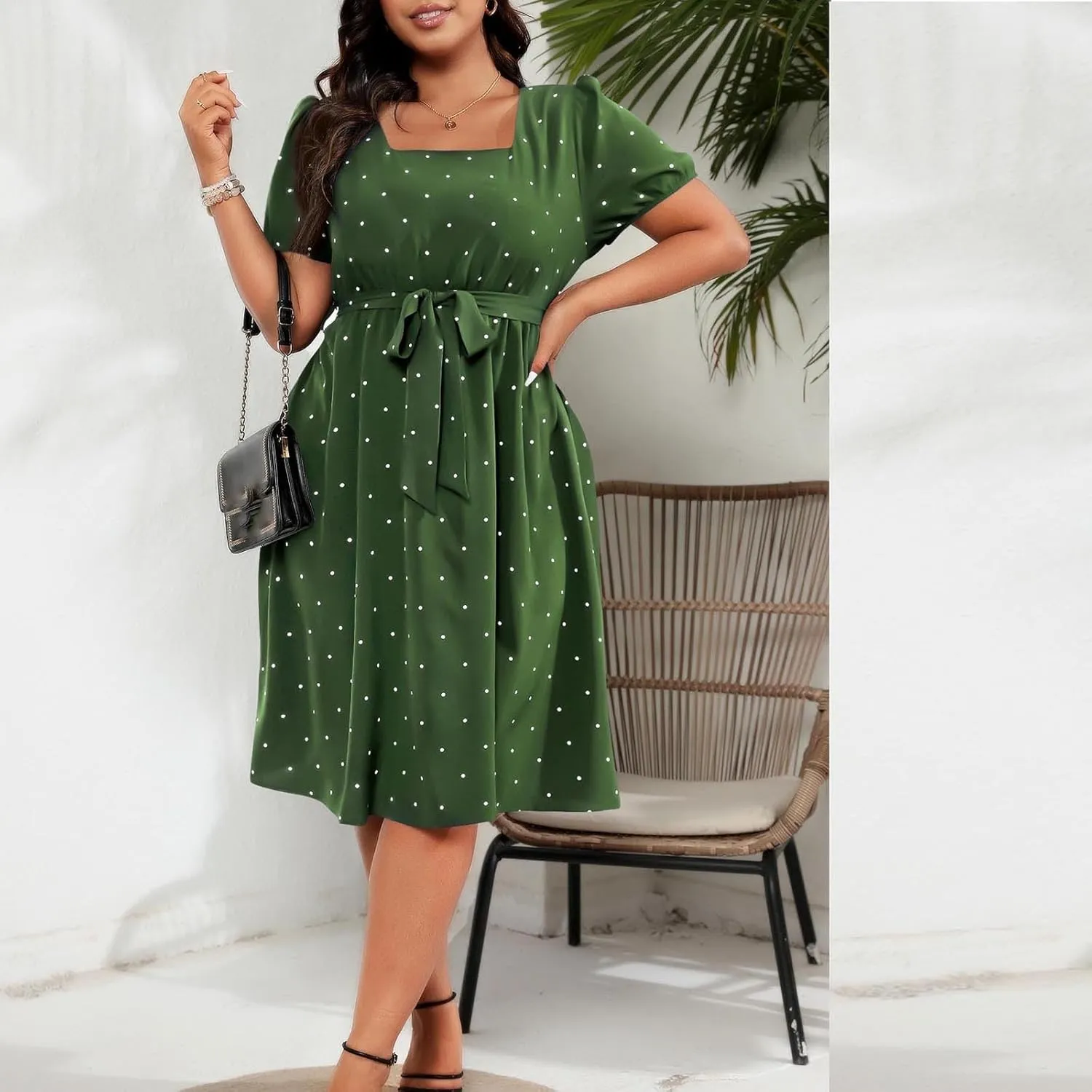 JOAU Womens Plus Size Square Neck Puff Short Sleeve High Waist Polka Dots Belted Midi Dress Cute Swing A-Line Babydoll Dress