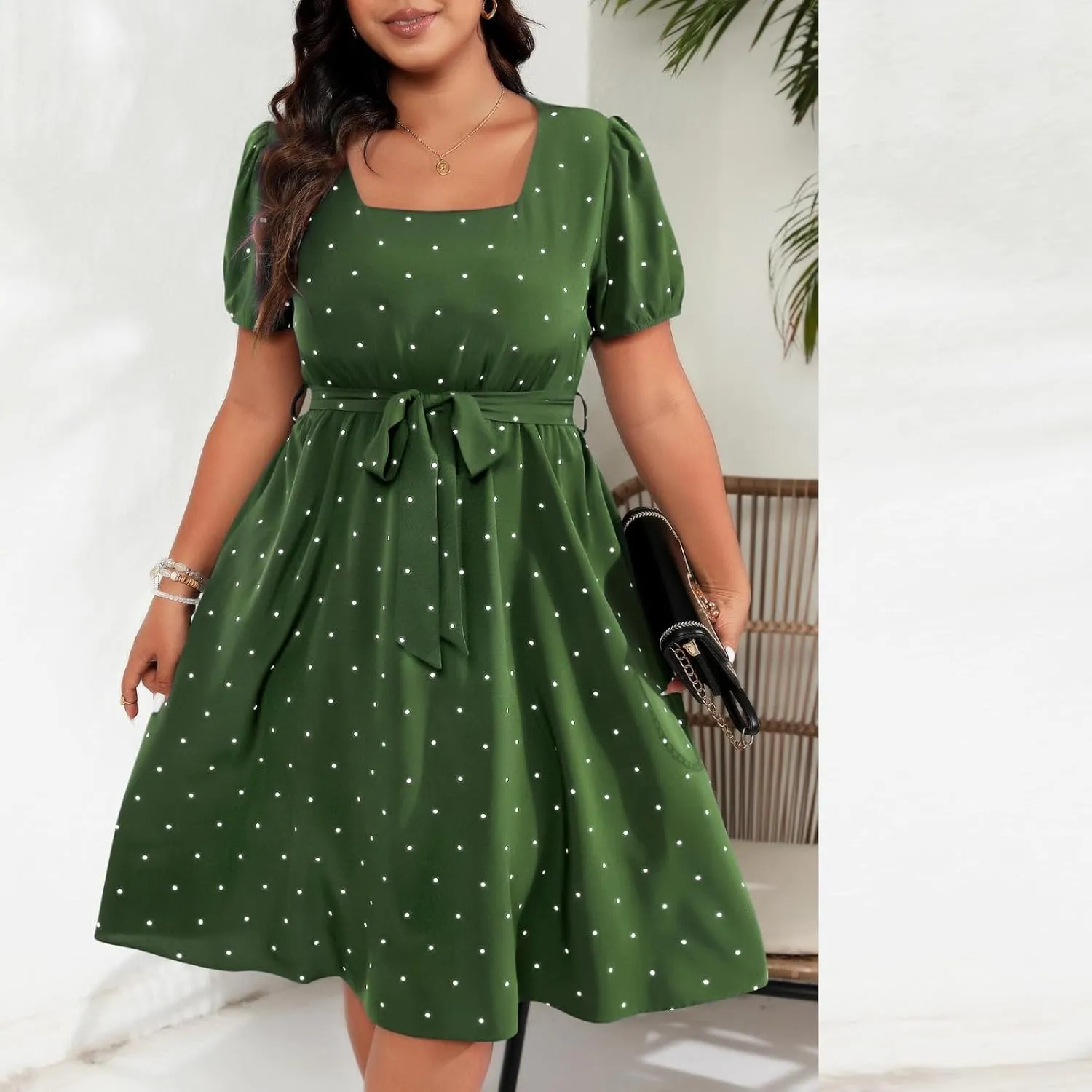 JOAU Womens Plus Size Square Neck Puff Short Sleeve High Waist Polka Dots Belted Midi Dress Cute Swing A-Line Babydoll Dress