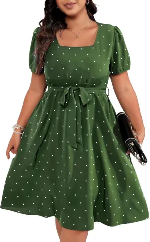 JOAU Womens Plus Size Square Neck Puff Short Sleeve High Waist Polka Dots Belted Midi Dress Cute Swing A-Line Babydoll Dress