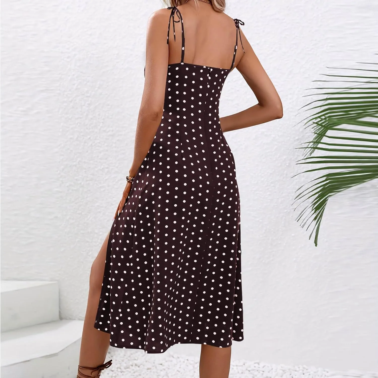 JOAU Women's Polka Dot Sundresses Spaghetti Strap Summer Slim Fit Side Slit Midi Dress Sexy A Line Beach Vacation Dresses