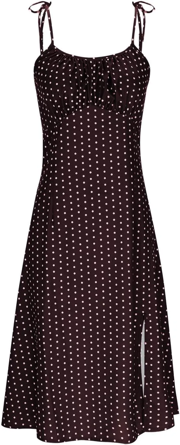 JOAU Women's Polka Dot Sundresses Spaghetti Strap Summer Slim Fit Side Slit Midi Dress Sexy A Line Beach Vacation Dresses