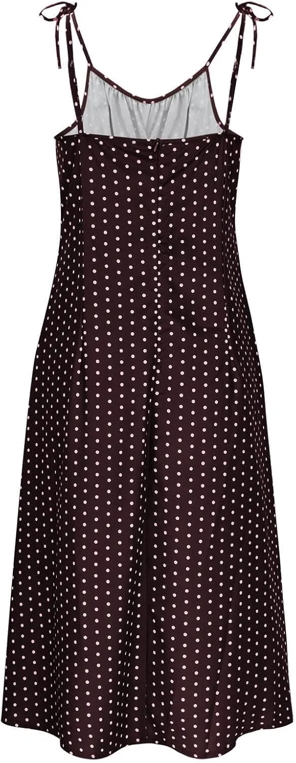 JOAU Women's Polka Dot Sundresses Spaghetti Strap Summer Slim Fit Side Slit Midi Dress Sexy A Line Beach Vacation Dresses