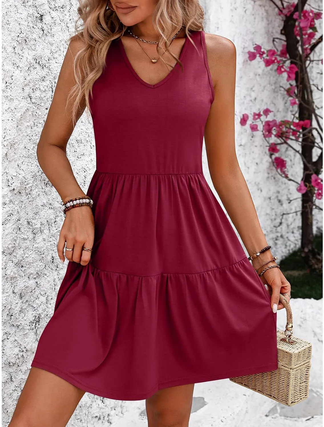 JOAU Womens Summer Casual V Neck Sleeveless Mini Dress 2024 Tiered Ruffle Swing A Line Short Sundress Loose Beach Dresses