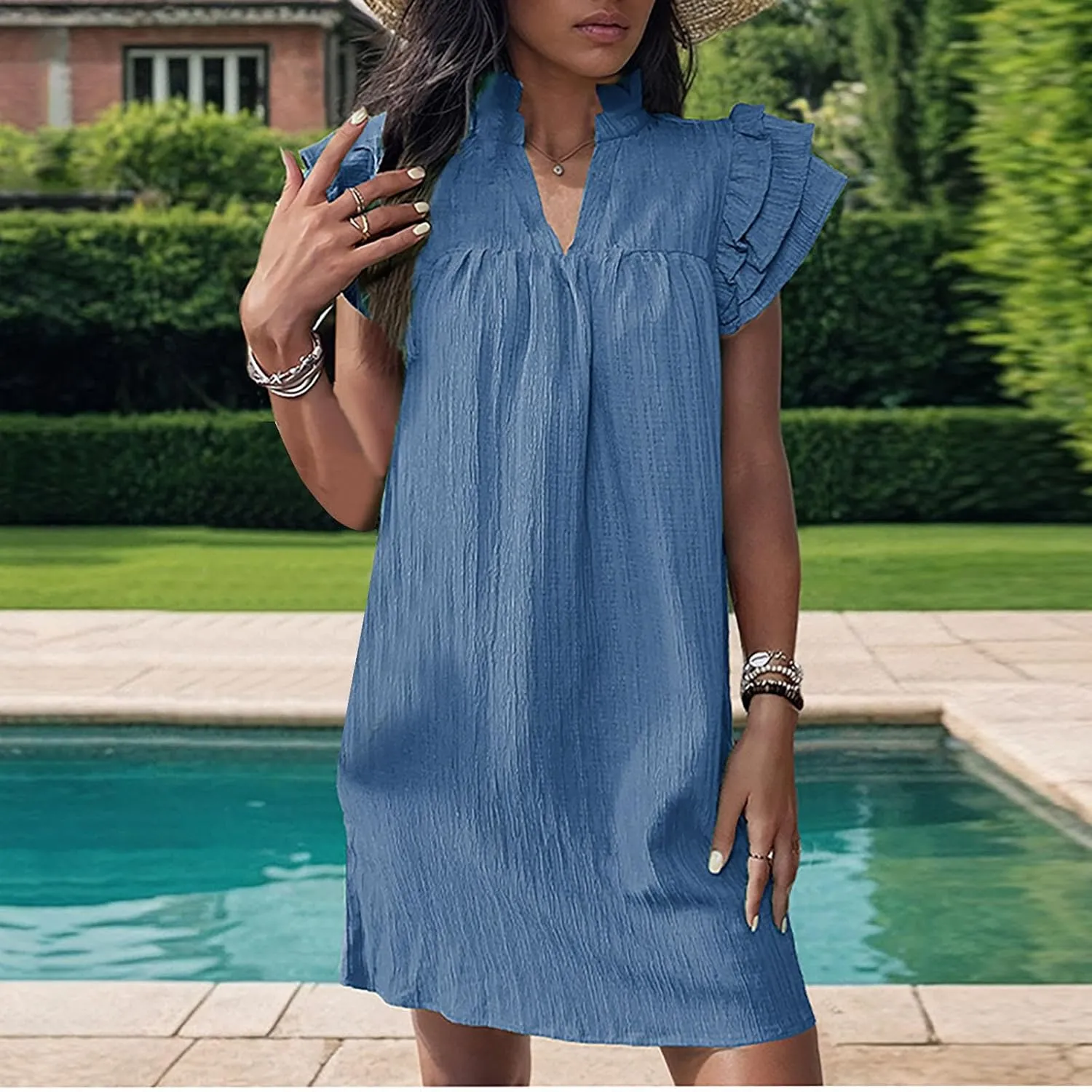 JOAU Womens Summer Dress 2024 Ruffle Short Sleeve V Neck A-Line Mini Dresses Casual Loose Mock Neck Babydoll Shift Dress