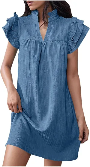 JOAU Womens Summer Dress 2024 Ruffle Short Sleeve V Neck A-Line Mini Dresses Casual Loose Mock Neck Babydoll Shift Dress