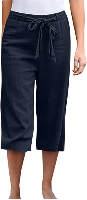jovati Capri Pants for Women Casual 2023 Summer Drawstring Elastic High Waist Linen Pant Straight Wide Leg Cropped Trouser