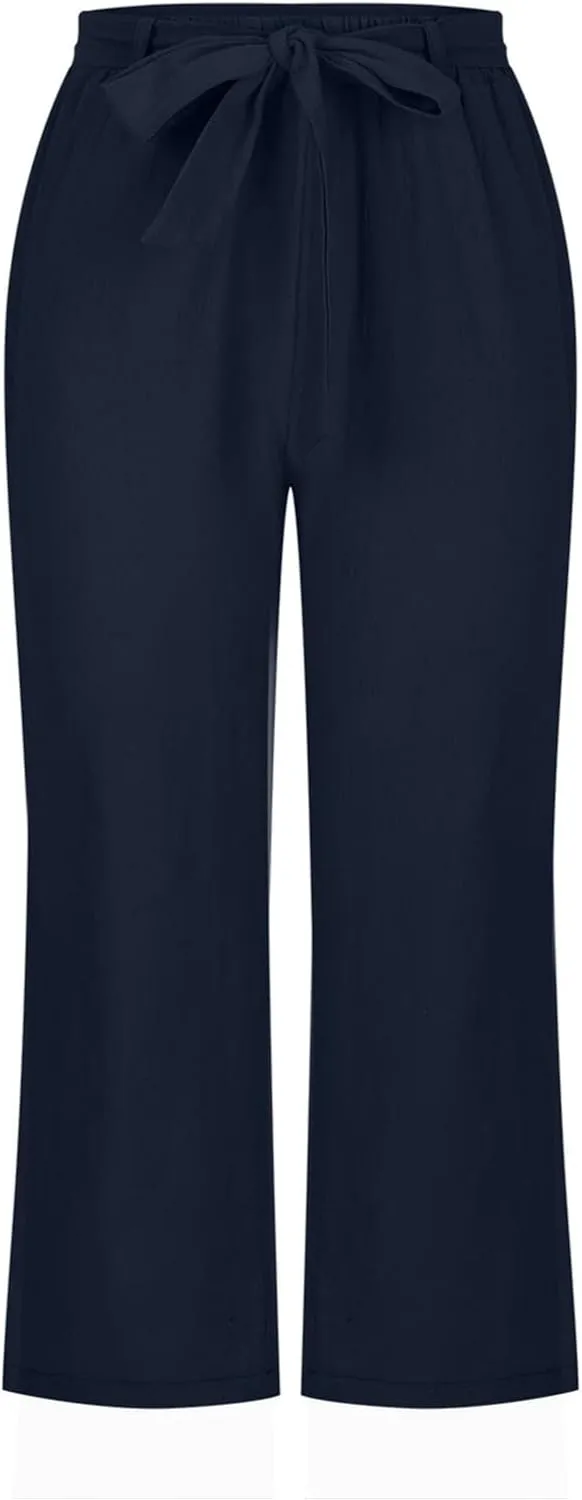 jovati Capri Pants for Women Casual 2023 Summer Drawstring Elastic High Waist Linen Pant Straight Wide Leg Cropped Trouser