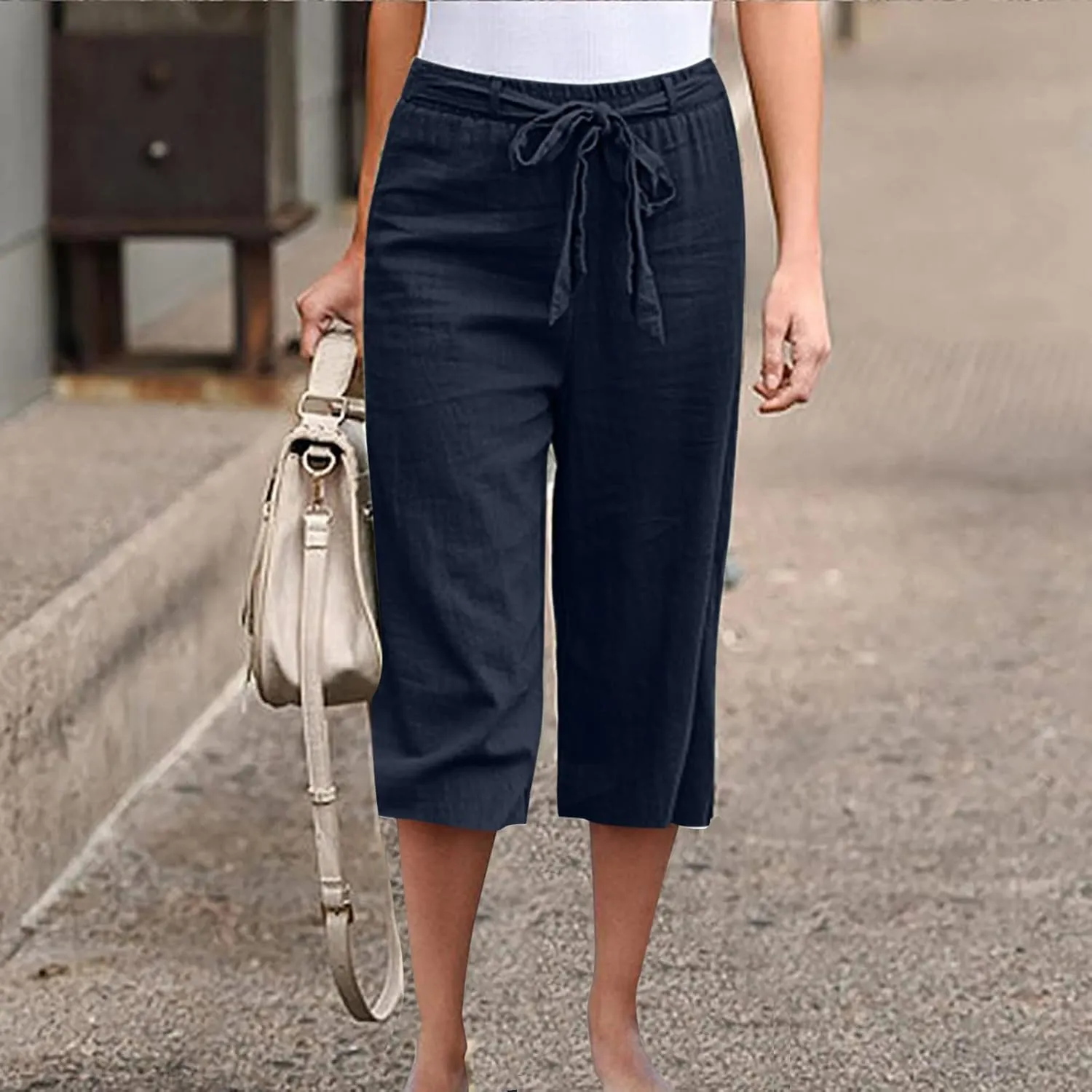 jovati Capri Pants for Women Casual 2023 Summer Drawstring Elastic High Waist Linen Pant Straight Wide Leg Cropped Trouser