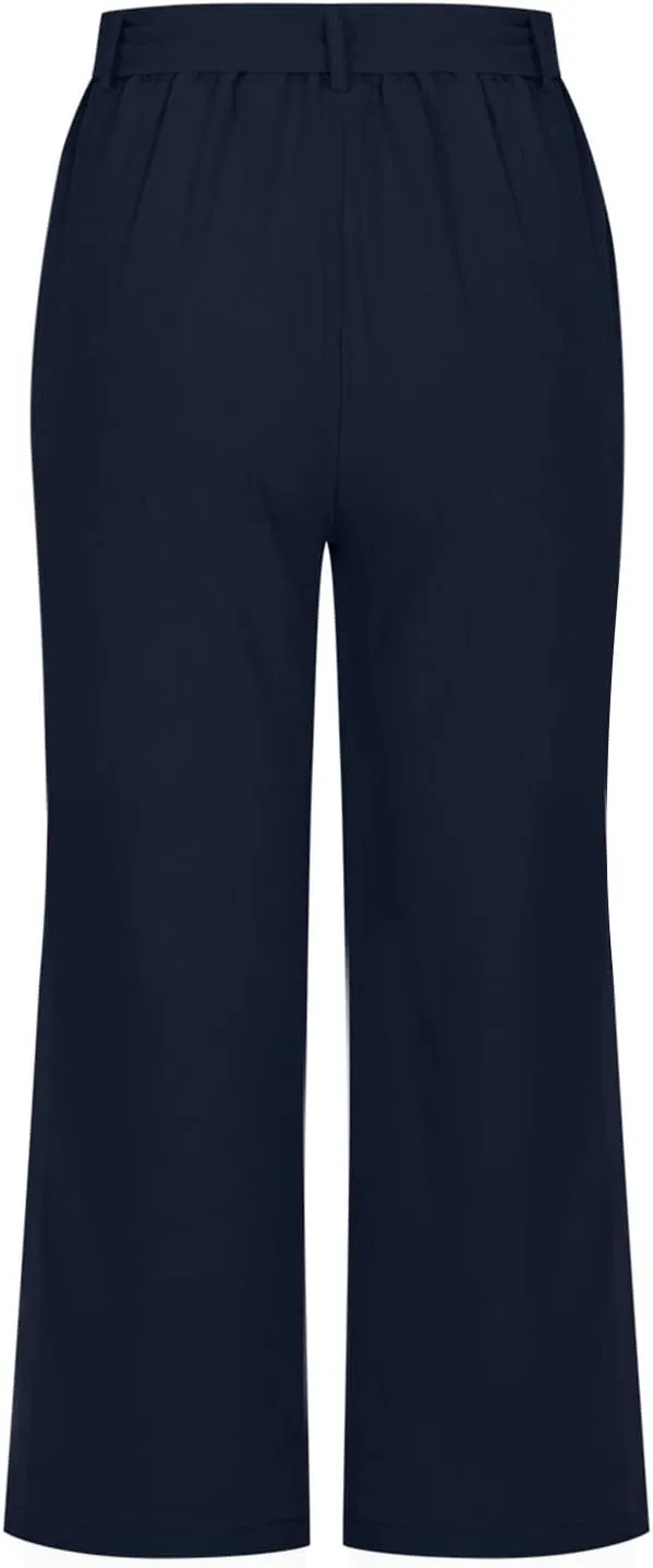 jovati Capri Pants for Women Casual 2023 Summer Drawstring Elastic High Waist Linen Pant Straight Wide Leg Cropped Trouser