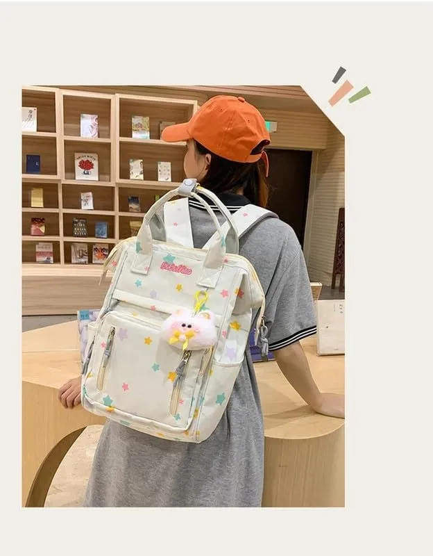 jupkem Aesthetic Backpack Women Cute Star Preppy Backpacks with Kawaii Pendant Korea Large Capacity Laptop Bag Fashion Casual Carry On Bags white