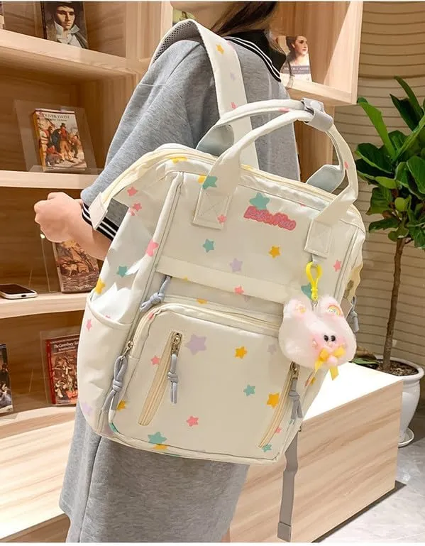 jupkem Aesthetic Backpack Women Cute Star Preppy Backpacks with Kawaii Pendant Korea Large Capacity Laptop Bag Fashion Casual Carry On Bags white