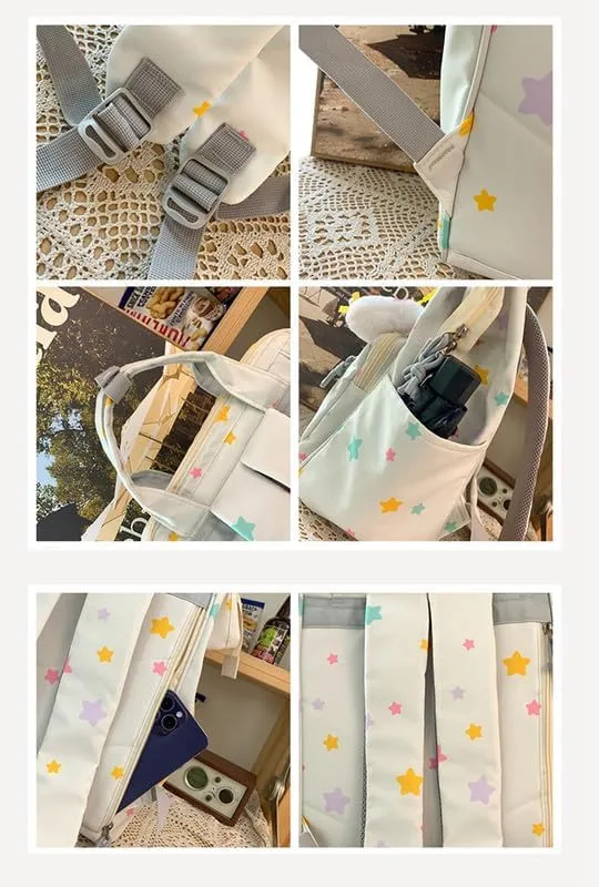 jupkem Aesthetic Backpack Women Cute Star Preppy Backpacks with Kawaii Pendant Korea Large Capacity Laptop Bag Fashion Casual Carry On Bags white