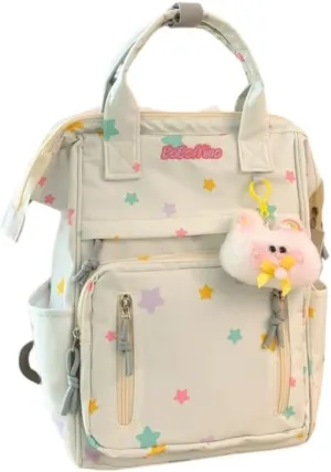 jupkem Aesthetic Backpack Women Cute Star Preppy Backpacks with Kawaii Pendant Korea Large Capacity Laptop Bag Fashion Casual Carry On Bags white