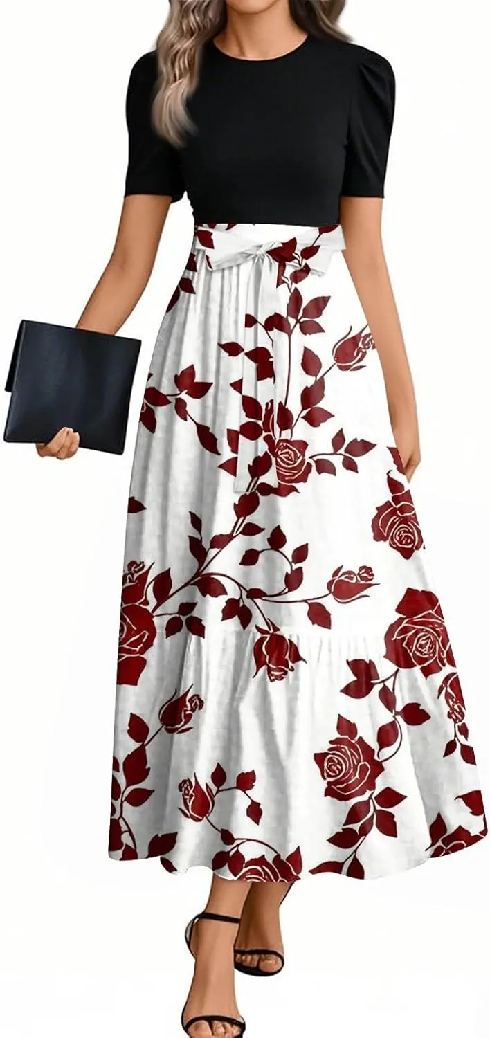 Kenvina Women's 2025 Summer Floral Midi Dress Cap Sleeve V Neck Ruffle Long Flowy Boho Casual Beach Vacation Dresses