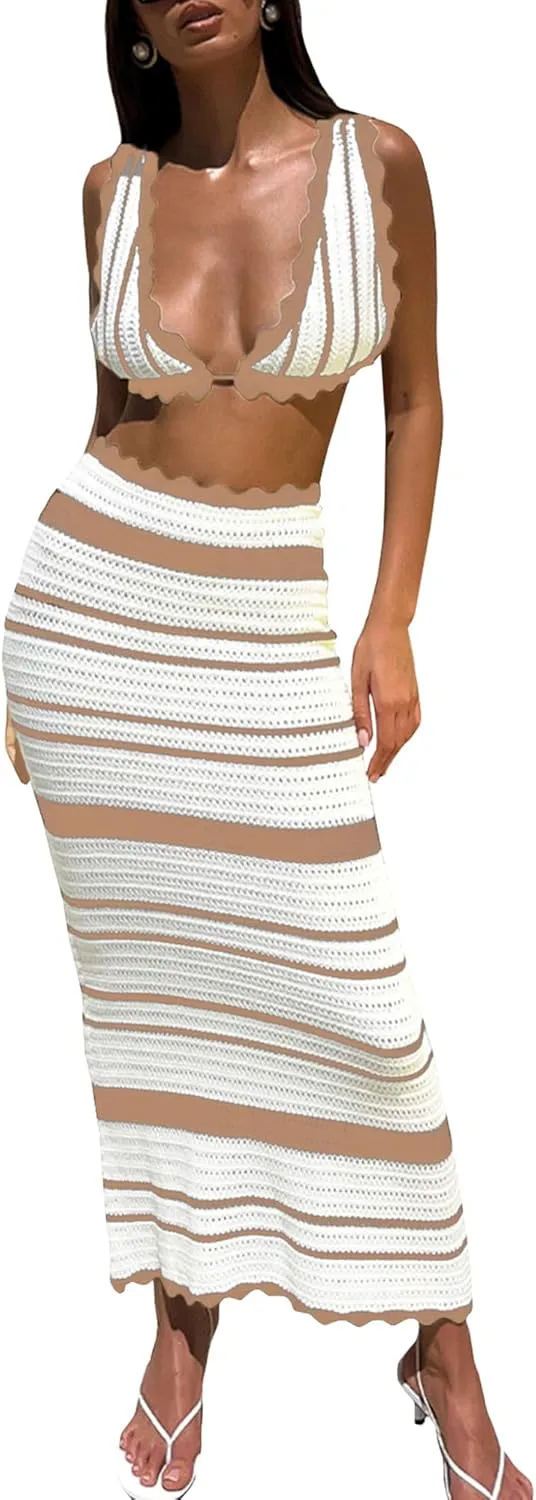 Knit Two Piece Maxi Skirt Sets for Women V Neck Bra Tops with High Waisted Dress Sets Summer Outfits
