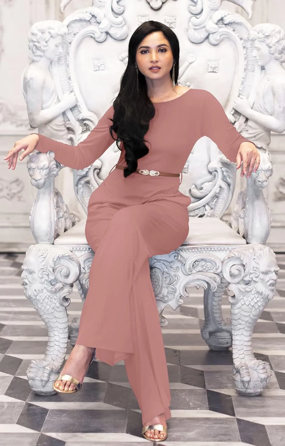 KOH KOH Womens Long Sleeve Wide Leg Belted Formal Elegant Cocktail Jumpsuit