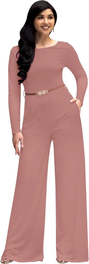 KOH KOH Womens Long Sleeve Wide Leg Belted Formal Elegant Cocktail Jumpsuit
