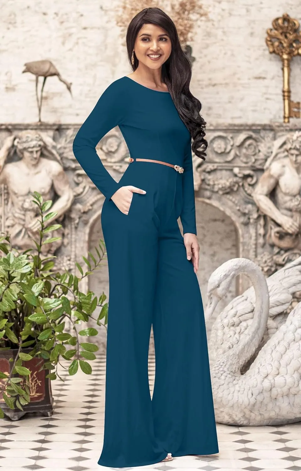 KOH KOH Womens Long Sleeve Wide Leg Belted Formal Elegant Cocktail Jumpsuit