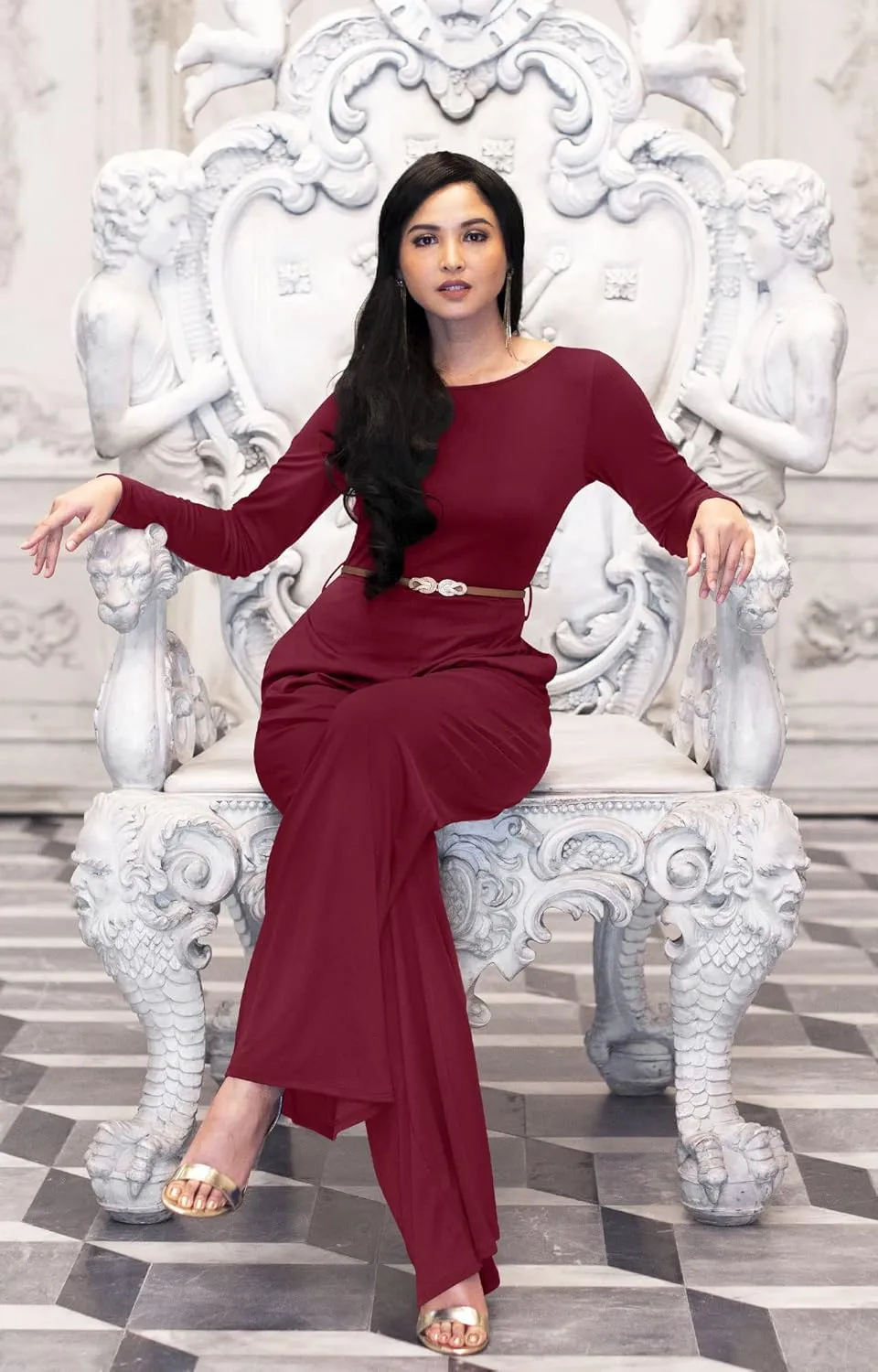 KOH KOH Womens Long Sleeve Wide Leg Belted Formal Elegant Cocktail Jumpsuit