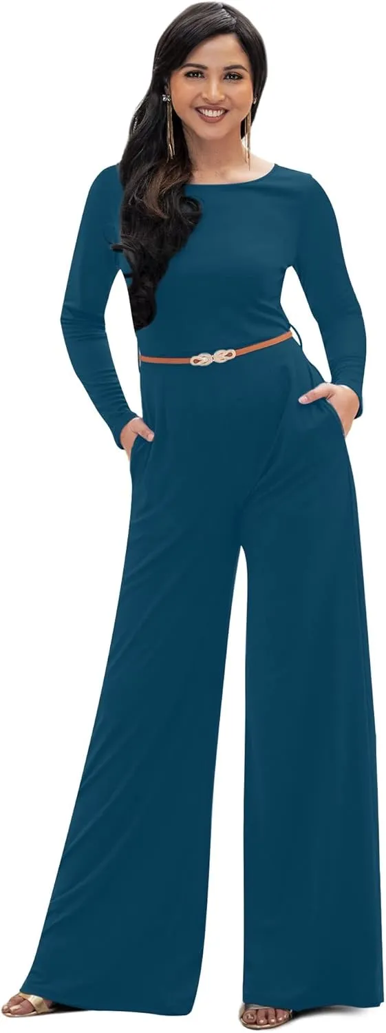 KOH KOH Womens Long Sleeve Wide Leg Belted Formal Elegant Cocktail Jumpsuit