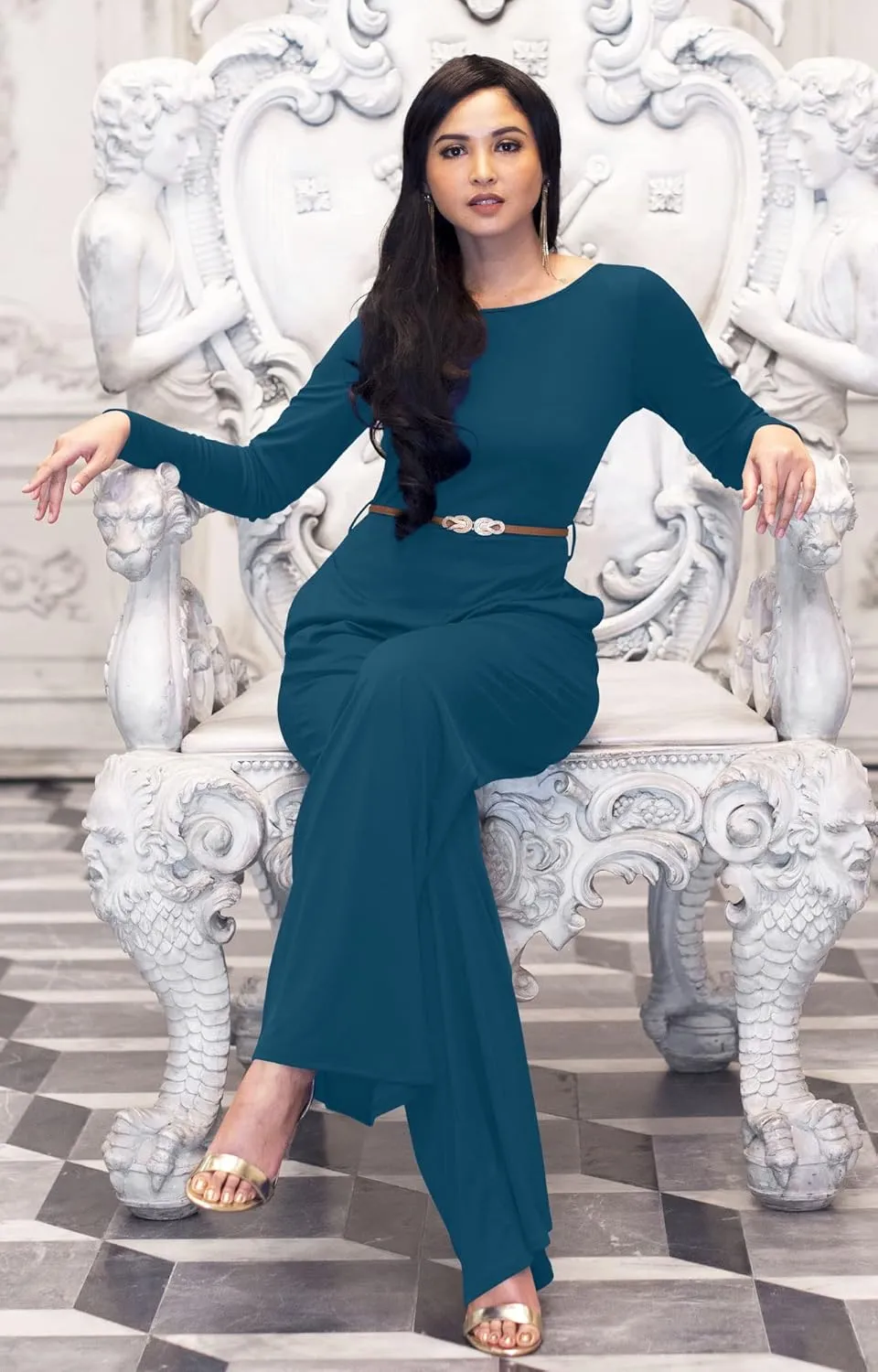 KOH KOH Womens Long Sleeve Wide Leg Belted Formal Elegant Cocktail Jumpsuit
