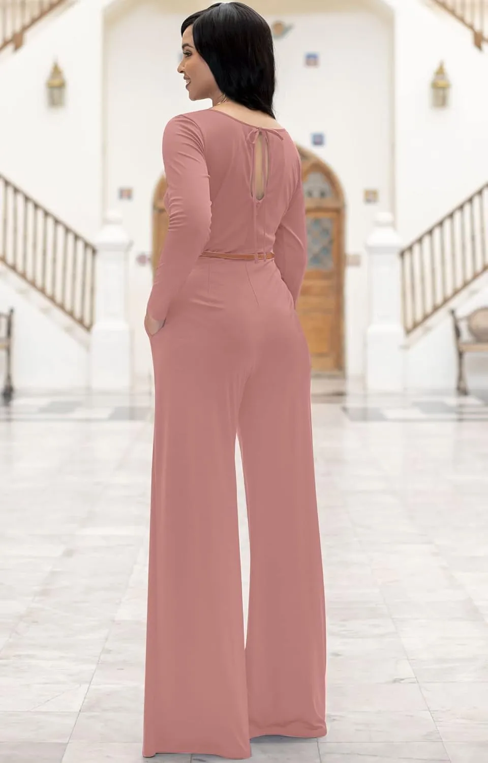 KOH KOH Womens Long Sleeve Wide Leg Belted Formal Elegant Cocktail Jumpsuit