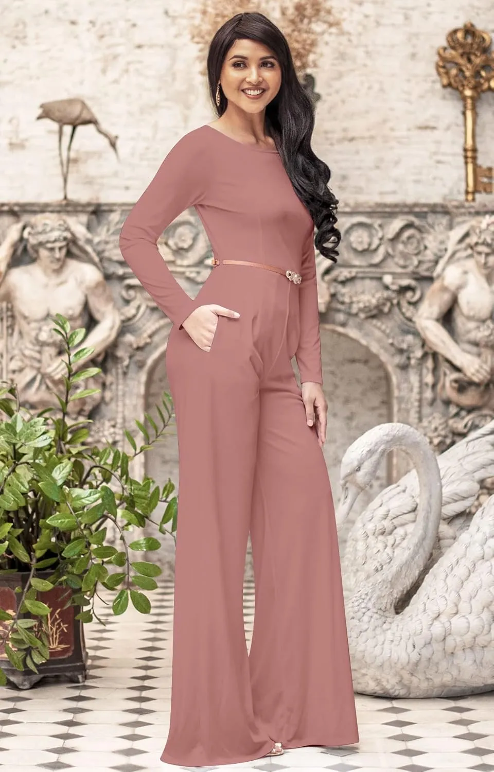 KOH KOH Womens Long Sleeve Wide Leg Belted Formal Elegant Cocktail Jumpsuit