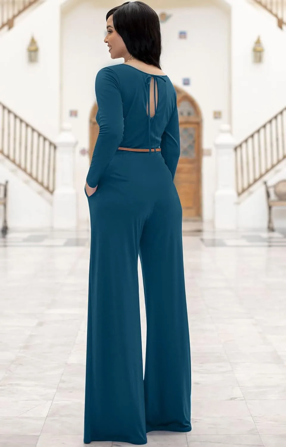 KOH KOH Womens Long Sleeve Wide Leg Belted Formal Elegant Cocktail Jumpsuit