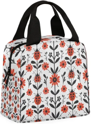 Ladybugs Flowers Lunch Bag Red Ladybugs Tote Lunch Bag Reusable Lunch Box Leakproof Cooler Bag