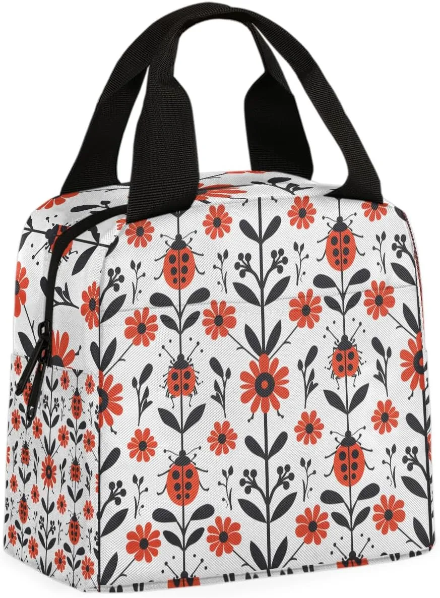 Ladybugs Flowers Lunch Bag Red Ladybugs Tote Lunch Bag Reusable Lunch Box Leakproof Cooler Bag