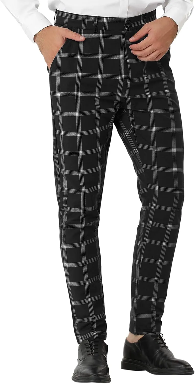 Lars Amadeus Men's Dress Plaid Pants Slim Fit Flat Front Business Pencil Trousers with Pockets