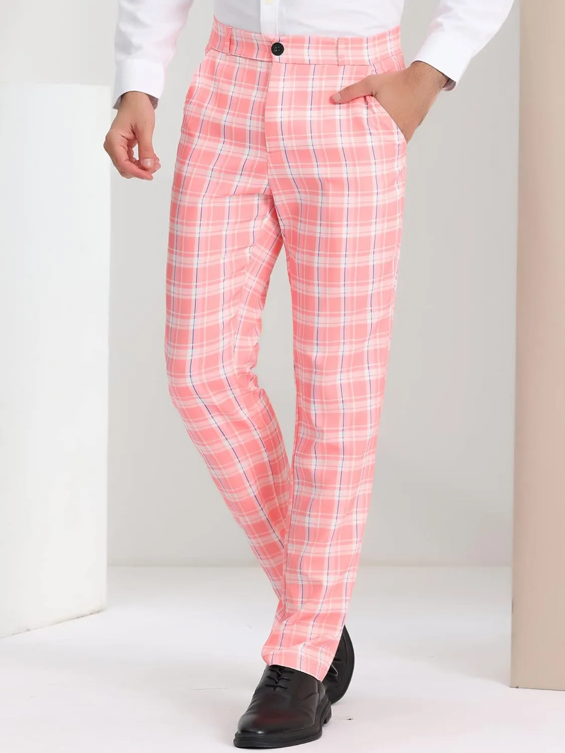 Lars Amadeus Men's Plaid Pants Regular Fit Flat Front Classic Elastic Waist Suit Pants