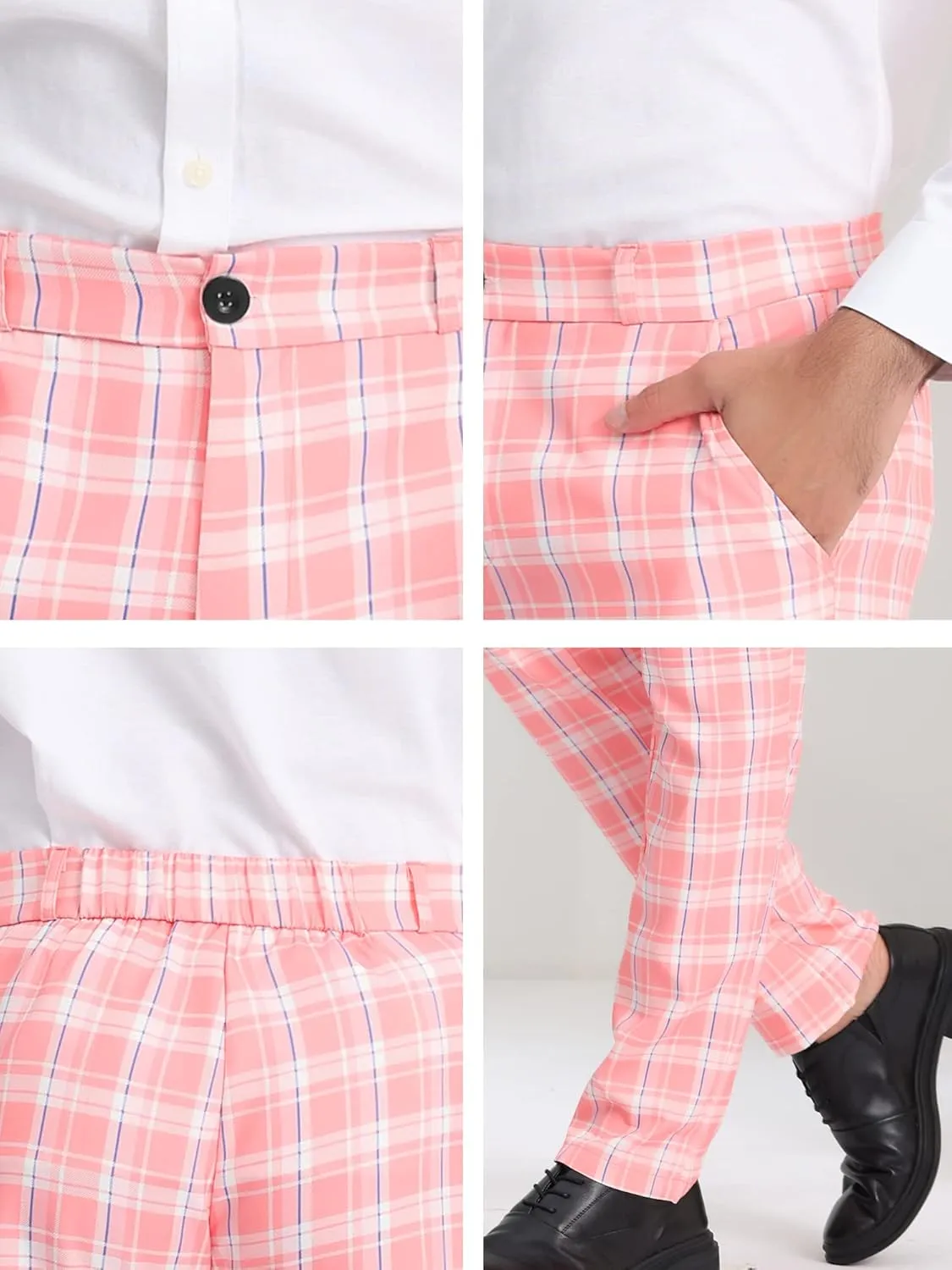Lars Amadeus Men's Plaid Pants Regular Fit Flat Front Classic Elastic Waist Suit Pants
